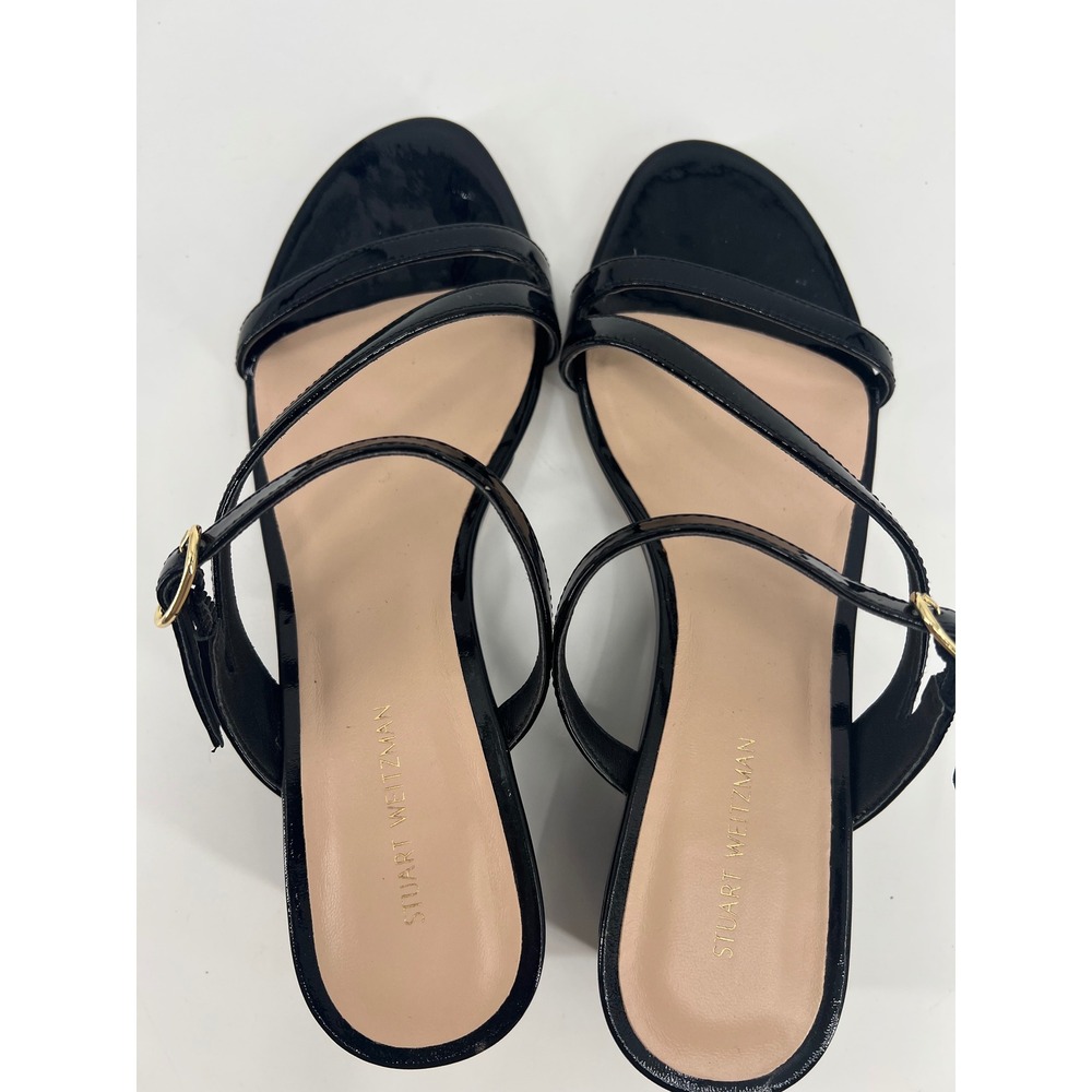 Stuart Weitzman Black Patent Leather Strappy Wedge Sandals Gold Buckle Size 8 - Picture 8 of 8